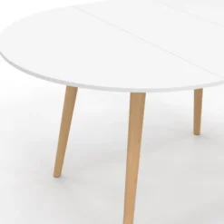 Table à manger ronde extensible 4-8 personnes blanc pied bois 110-150 cm