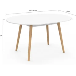 Table à manger ronde extensible 4-8 personnes blanc pied bois 110-150 cm