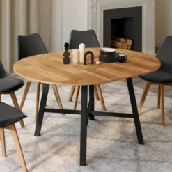 Table à manger ronde extensible bois et métal noir