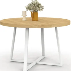 Table à manger ronde 4-6 personnes bois et blanc 110-150 cm