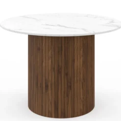 Table à manger ronde 6 personnes pied central effet lattes noyer et plateau effet marbre blanc ALASKA 110 cm