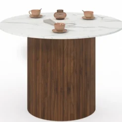 Table à manger ronde 6 personnes pied central effet lattes noyer et plateau effet marbre blanc ALASKA 110 cm