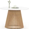 Table à manger ronde 6 personnes 110 cm plateau bois blanc et pied bois en lattes