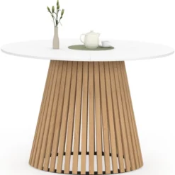Table à manger ronde 6 personnes 110 cm plateau bois blanc et pied bois en lattes