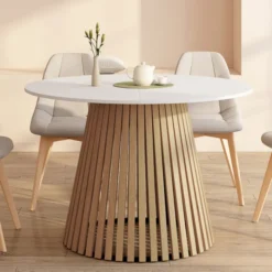 Table à manger ronde 6 personnes 110 cm plateau bois blanc et pied bois en lattes