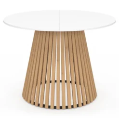 Table à manger ronde 6 personnes 110 cm plateau bois blanc et pied bois en lattes