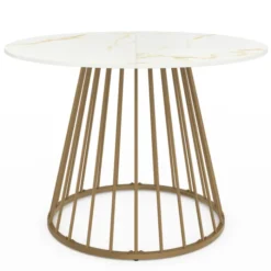 Table à manger ronde 6 personnes pied filaire laiton et plateau effet marbre blanc 110 cm