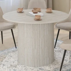 Table à manger ronde 6 personnes pied central effet lattes façon travertin 110 cm