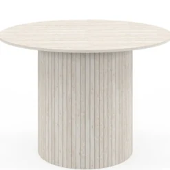 Table à manger ronde 6 personnes pied central effet lattes façon travertin 110 cm