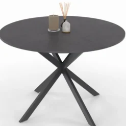 Table à manger ronde plateau effet béton 110 cm pied araignée gris anthracite 6 personnes