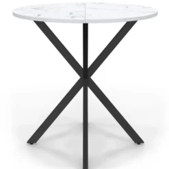 Table à manger ronde plateau effet marbre blanc pied araignée noir 4 personnes