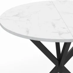 Table à manger ronde plateau effet marbre blanc pied araignée noir 4 personnes