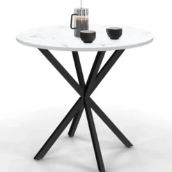 Table à manger ronde plateau effet marbre blanc pied araignée noir 4 personnes