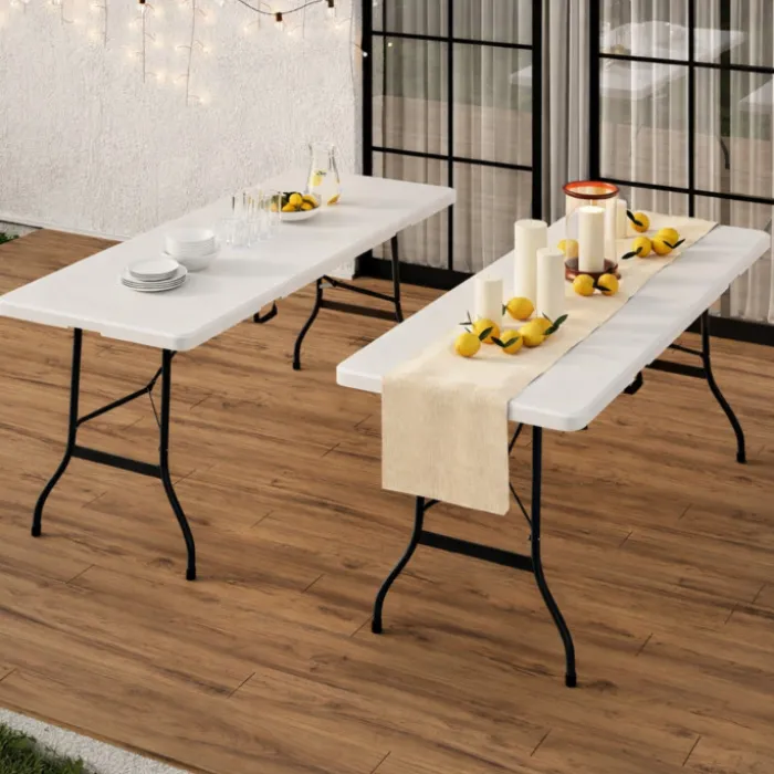 Table pliante portable blanche 1m80 et 2 bancs pliables