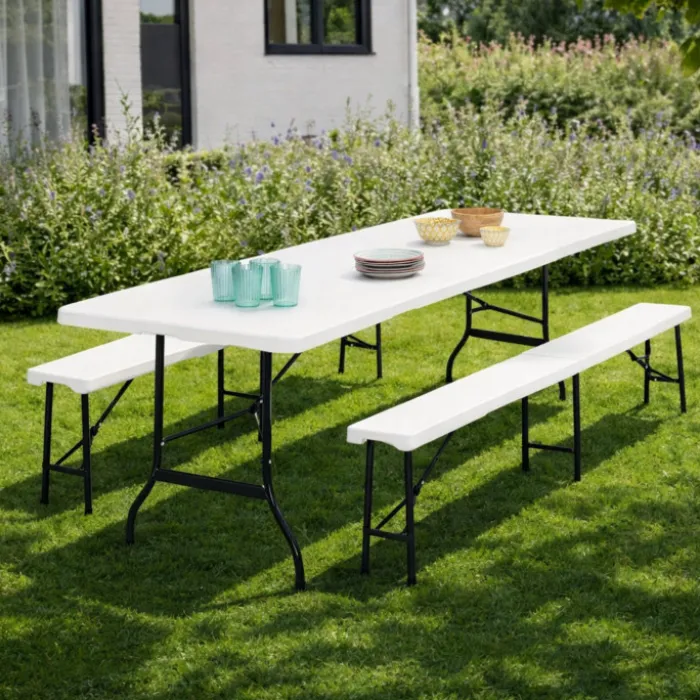 Table pliante portable blanche 1m80 et 2 bancs pliables
