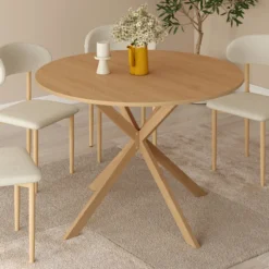 Table ronde 110 cm pour 6 personnes bois effet hêtre avec pied araignée