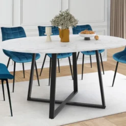 Table ronde extensible 110-150 cm 4-8 personnes effet marbre blanc et pieds noirs