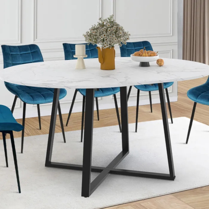 Table ronde extensible 110-150 cm 4-8 personnes effet marbre blanc et pieds noirs