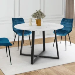 Table ronde extensible 110-150 cm 4-8 personnes effet marbre blanc et pieds noirs