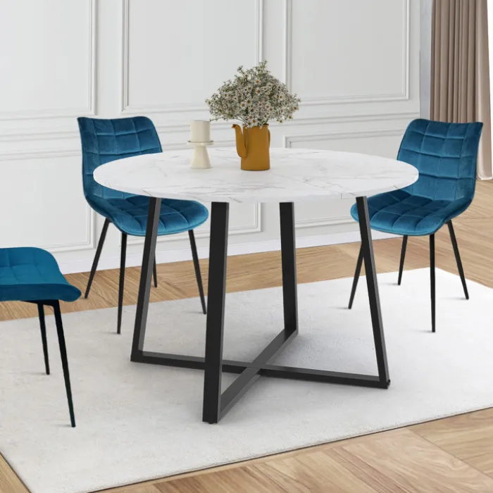 Table ronde extensible 110-150 cm 4-8 personnes effet marbre blanc et pieds noirs