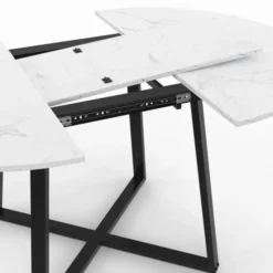 Table ronde extensible 110-150 cm 4-8 personnes effet marbre blanc et pieds noirs