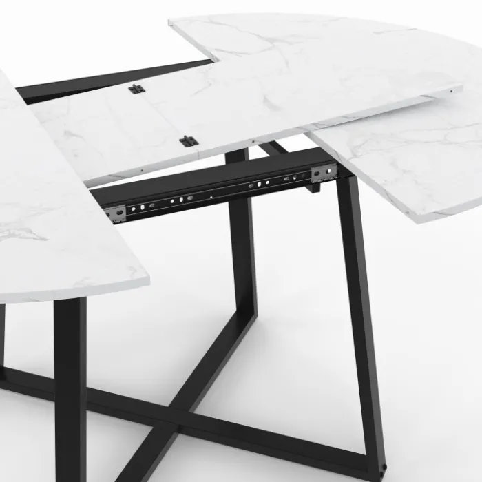 Table ronde extensible 110-150 cm 4-8 personnes effet marbre blanc et pieds noirs