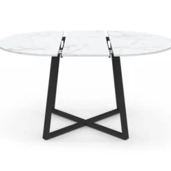 Table ronde extensible 110-150 cm 4-8 personnes effet marbre blanc et pieds noirs