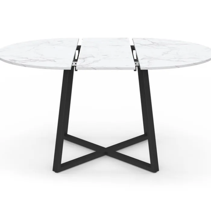 Table ronde extensible 110-150 cm 4-8 personnes effet marbre blanc et pieds noirs