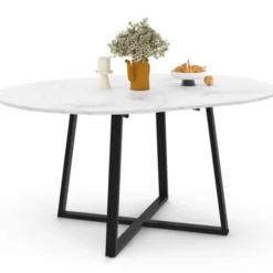 Table ronde extensible 110-150 cm 4-8 personnes effet marbre blanc et pieds noirs