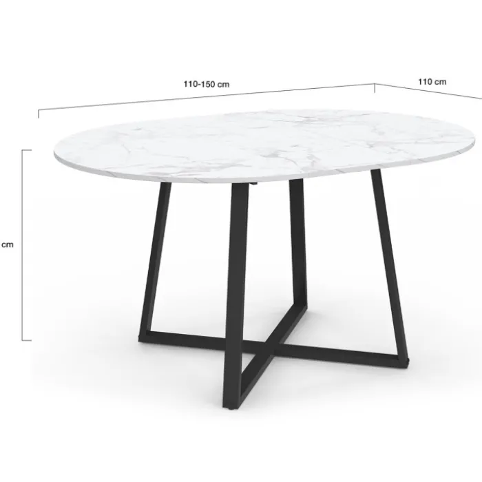 Table ronde extensible 110-150 cm 4-8 personnes effet marbre blanc et pieds noirs