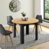 Table ronde extensible 4-10 personnes 110-200 cm avec plateau façon hêtre et pieds noirs