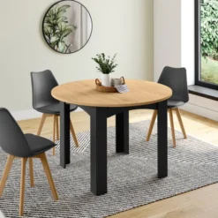 Table ronde extensible 4-10 personnes 110-200 cm avec plateau façon hêtre et pieds noirs