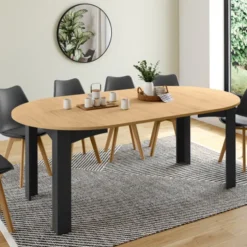 Table ronde extensible 4-10 personnes 110-200 cm avec plateau façon hêtre et pieds noirs