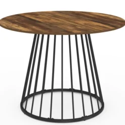 Table ronde à manger 110cm 6 personnes plateau bois foncé et pied filaire métal noir