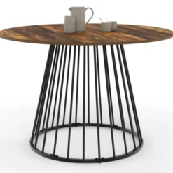 Table ronde à manger 110cm 6 personnes plateau bois foncé et pied filaire métal noir