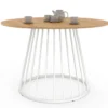 Table ronde à manger 110cm 6 personnes plateau bois et pied filaire métal blanc