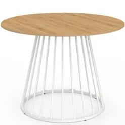 Table ronde à manger 110cm 6 personnes plateau bois et pied filaire métal blanc