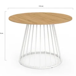 Table ronde à manger 110cm 6 personnes plateau bois et pied filaire métal blanc