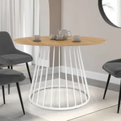 Table ronde à manger 110cm 6 personnes plateau bois et pied filaire métal blanc