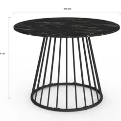 Table ronde à manger 110cm 6 personnes plateau effet marbre noir et pied filaire métal noir