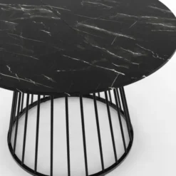 Table ronde à manger 110cm 6 personnes plateau effet marbre noir et pied filaire métal noir