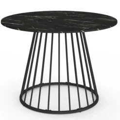 Table ronde à manger 110cm 6 personnes plateau effet marbre noir et pied filaire métal noir