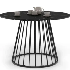 Table ronde à manger 110cm 6 personnes plateau effet marbre noir et pied filaire métal noir