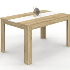 Table salle à manger moderne imitation hêtre et blanc