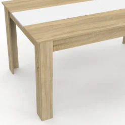 Table salle à manger moderne imitation hêtre et blanc