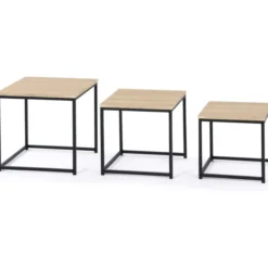 3 tables basses gigognes bois et métal carrées