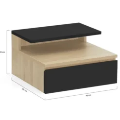 Tables de chevet murales bois façon hêtre et noires avec tiroir et tablette
