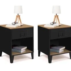 Tables de chevet noires bois façon hêtre et métal style industriel
