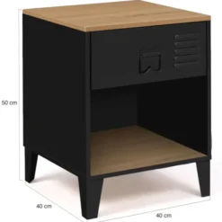 Tables de chevet noires bois façon hêtre et métal style industriel