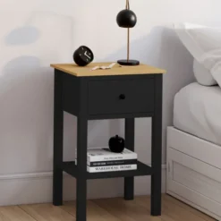 Tables de nuit noire et bois avec tiroir et tablette